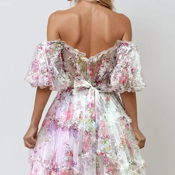 NEW FORMAL SLEEVELESS A-LINE RUCHED FLORAL GOWN W/ OFF SHOULDER SLEEVES JT2887C